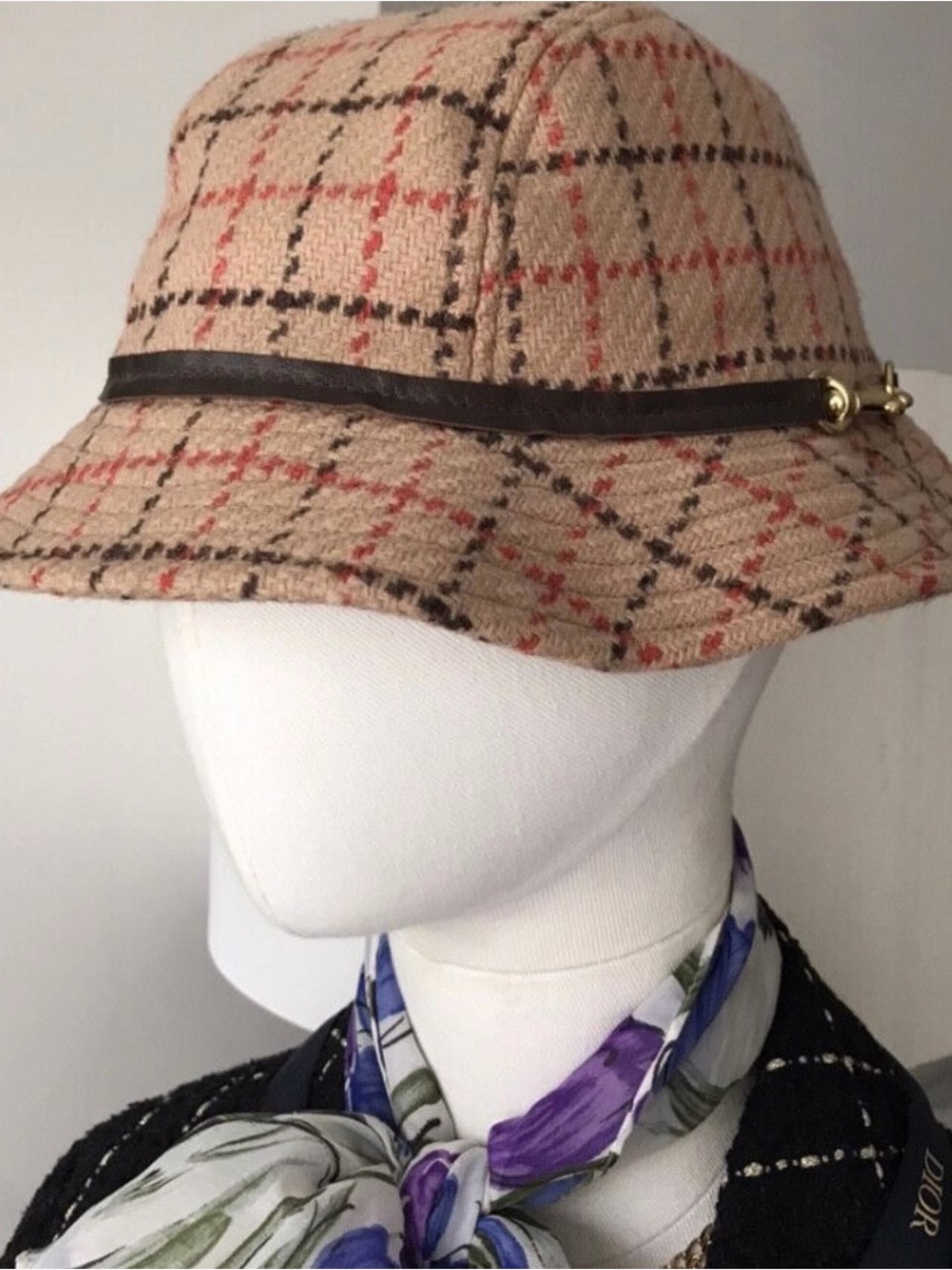 Vintage Coach Beige Plaid Bucket Hat with Brown Band and Red Accents